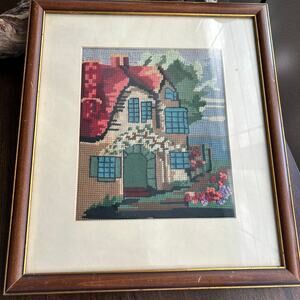 Vintage framed needlepoint artwork charming cottage scene
